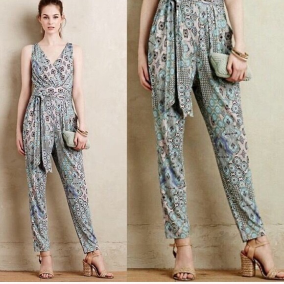 Anthropologie Antilles Jumpsuit Paisley Print Waist Tie Surplice Faux Wrap S - Picture 1 of 7